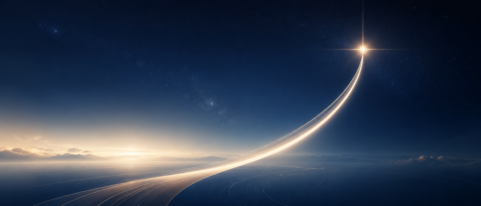 Horizonte azul com uma trajetória luminosa avançando em direção ao zênite.